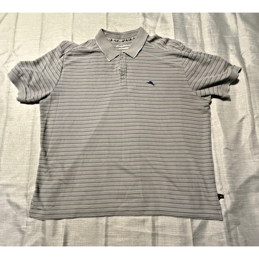 Tommy Bahama Polo Shirt Mens XL Island Zone Dolphin Logo Golf Casual grey Stripe